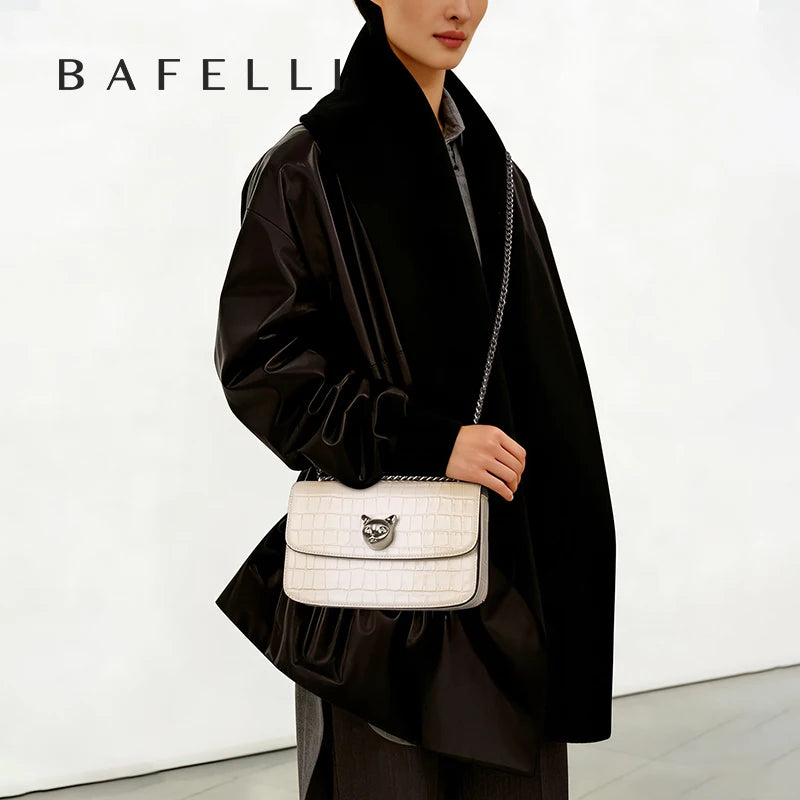 BAFELLI Premium Crocodile Grain Leather Square Bag Gradient Effect Cat Head Accent Chain Shoulder Strap Single Crossbody Use