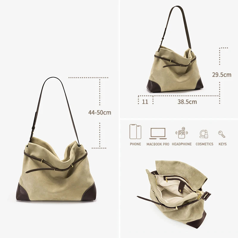 Genuine Suede Women's Bag Large Capacity Crossbody Underarm Tote for Commuting Multi-functional Hobo Bag