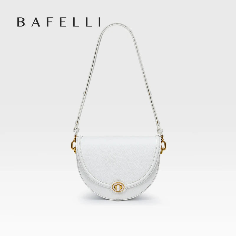 Designer Half-Moon Saddle Bag in Top Grain Leather with Mother-of-Pearl Clasp - Light Luxe All-Leather Crossbody for Work & Date