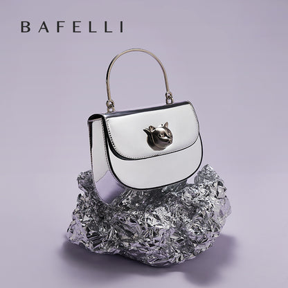 BAFELLI Silver Genuine Leather Saddle Bag Crossbody Tote - Luxury Commuter Bag for Women, Versatile Fashion Handbag
