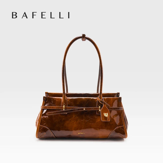 Genuine Leather Boston Bag Women's 2025 New Oil Wax Leather Baguette Bag Shoulder Crossbody Vintage Large Capacity