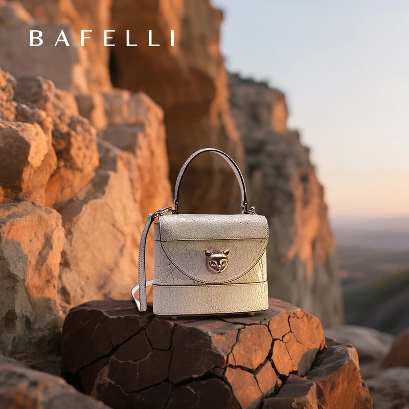 BAFELLI 2025 New Arrival: Unique Cracked Leather Shoulder Bag with Cat Head Design, Luxury Brand Mini Crossbody Bag