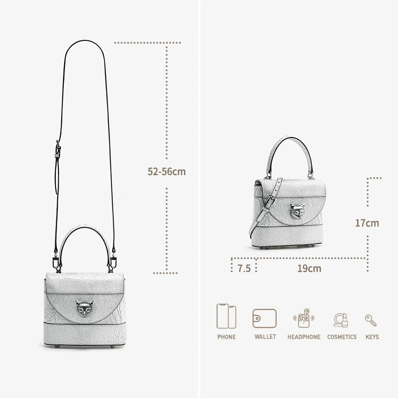 BAFELLI 2025 New Arrival: Unique Cracked Leather Shoulder Bag with Cat Head Design, Luxury Brand Mini Crossbody Bag
