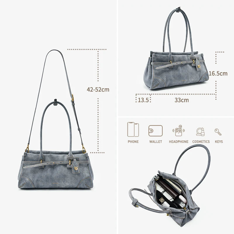 Bafeili SS26 Genuine Leather Tote - Women's Crossbody Denim Satchel Boston Bag Hybrid for Commuting & Handheld