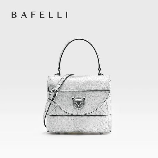 BAFELLI 2025 New Arrival: Unique Cracked Leather Shoulder Bag with Cat Head Design, Luxury Brand Mini Crossbody Bag