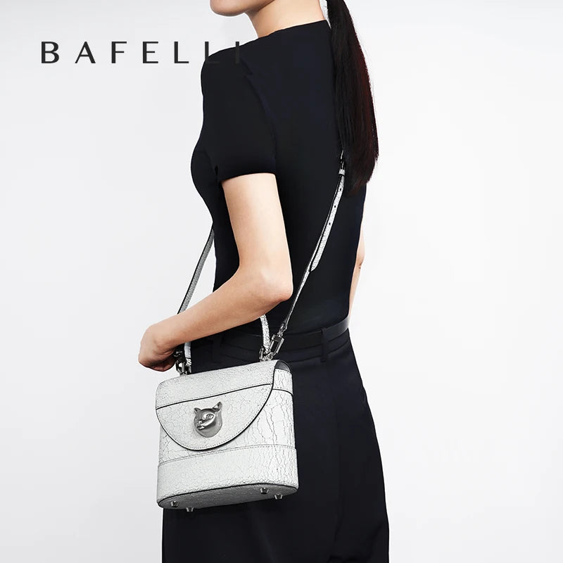 BAFELLI 2025 New Arrival: Unique Cracked Leather Shoulder Bag with Cat Head Design, Luxury Brand Mini Crossbody Bag
