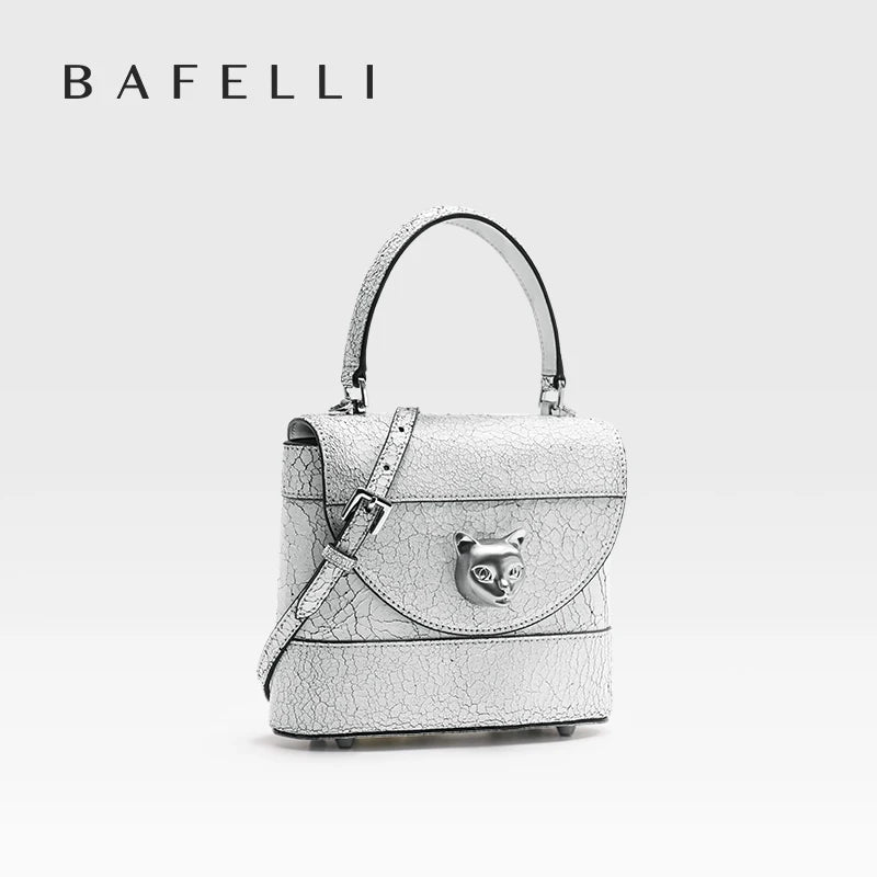 BAFELLI 2025 New Arrival: Unique Cracked Leather Shoulder Bag with Cat Head Design, Luxury Brand Mini Crossbody Bag
