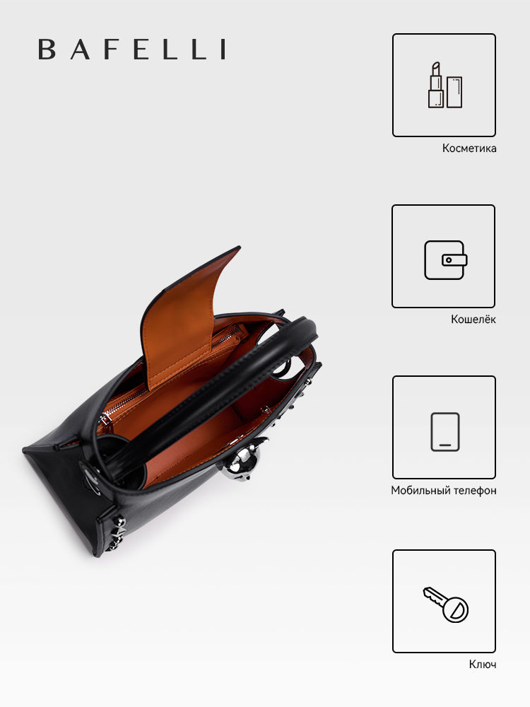 Midnight Black top-grain cowhide leather Shoulder Bag with Chain Strap, perfect for everyday styling — BA-2410P0959-02_03_Interior-capacity-2.jpg