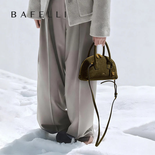 Luxury Velvet Shine Bowling Bag, Premium Genuine Leather Crossbody Purse for Women, Top Grain Leather Handbag