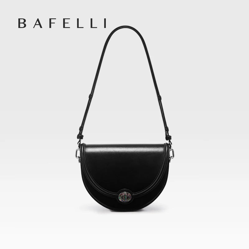 Designer Half-Moon Saddle Bag in Top Grain Leather with Mother-of-Pearl Clasp - Light Luxe All-Leather Crossbody for Work & Date