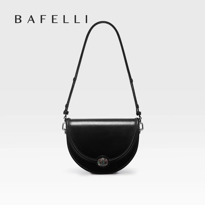 Designer Half-Moon Saddle Bag in Top Grain Leather with Mother-of-Pearl Clasp - Light Luxe All-Leather Crossbody for Work & Date