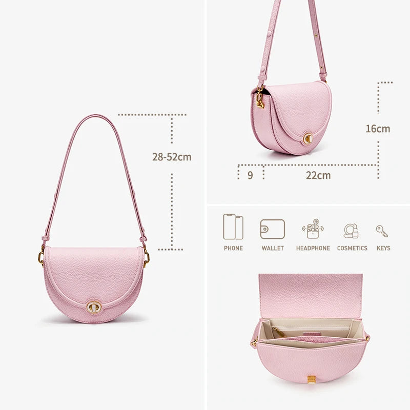 Designer Half-Moon Saddle Bag in Top Grain Leather with Mother-of-Pearl Clasp - Light Luxe All-Leather Crossbody for Work & Date
