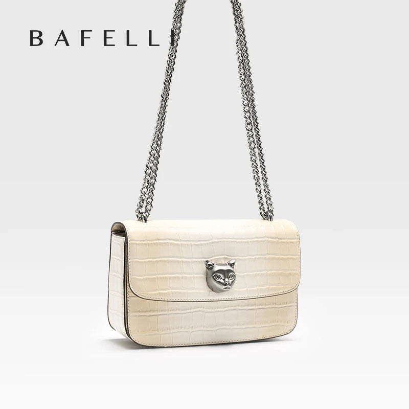 BAFELLI Premium Crocodile Grain Leather Square Bag Gradient Effect Cat Head Accent Chain Shoulder Strap Single Crossbody Use
