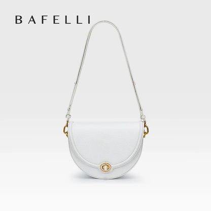 Designer Half-Moon Saddle Bag in Top Grain Leather with Mother-of-Pearl Clasp - Light Luxe All-Leather Crossbody for Work & Date