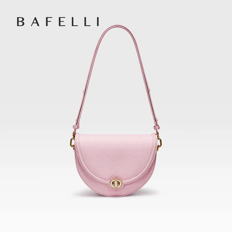 Designer Half-Moon Saddle Bag in Top Grain Leather with Mother-of-Pearl Clasp - Light Luxe All-Leather Crossbody for Work & Date