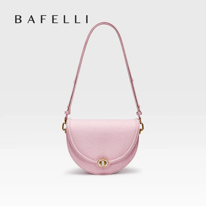 Designer Half-Moon Saddle Bag in Top Grain Leather with Mother-of-Pearl Clasp - Light Luxe All-Leather Crossbody for Work & Date