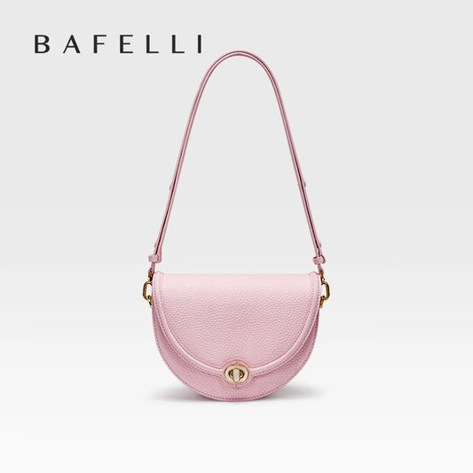 Designer Half-Moon Saddle Bag in Top Grain Leather with Mother-of-Pearl Clasp - Light Luxe All-Leather Crossbody for Work & Date