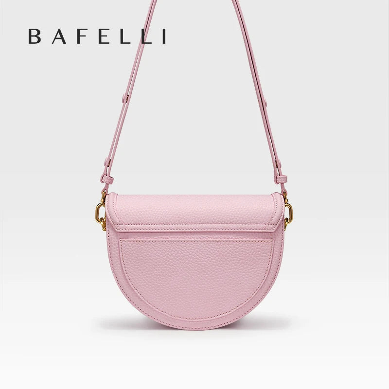 Designer Half-Moon Saddle Bag in Top Grain Leather with Mother-of-Pearl Clasp - Light Luxe All-Leather Crossbody for Work & Date