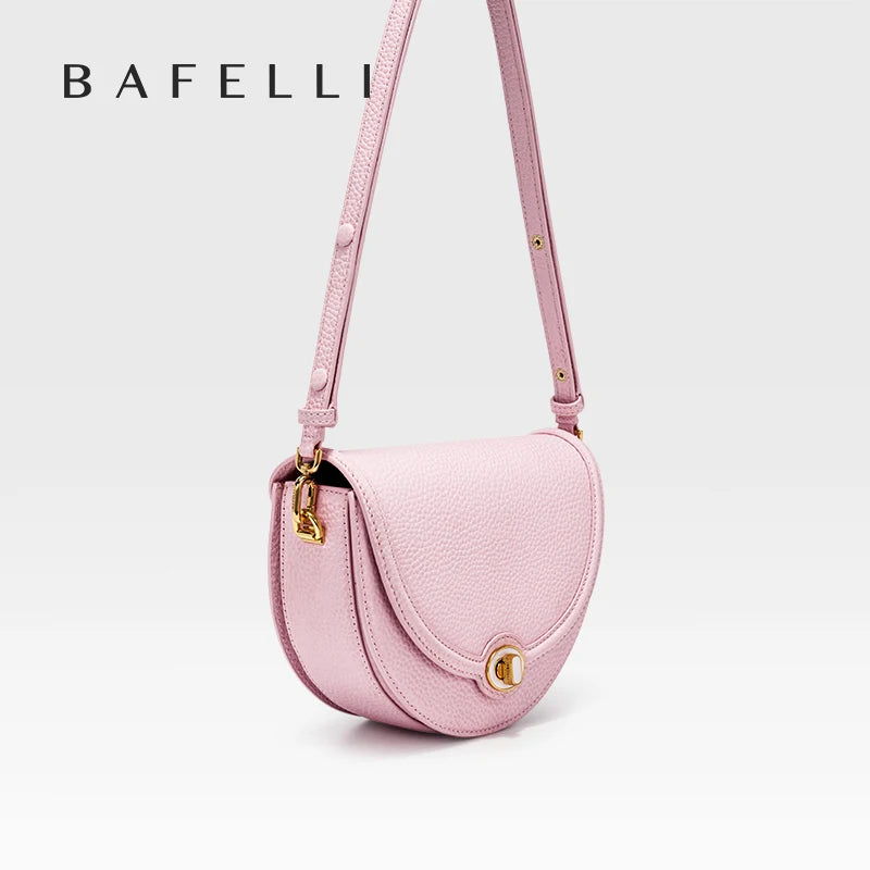 Designer Half-Moon Saddle Bag in Top Grain Leather with Mother-of-Pearl Clasp - Light Luxe All-Leather Crossbody for Work & Date
