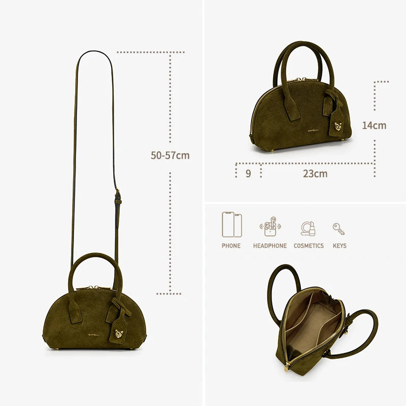 Luxury Velvet Shine Bowling Bag, Premium Genuine Leather Crossbody Purse for Women, Top Grain Leather Handbag