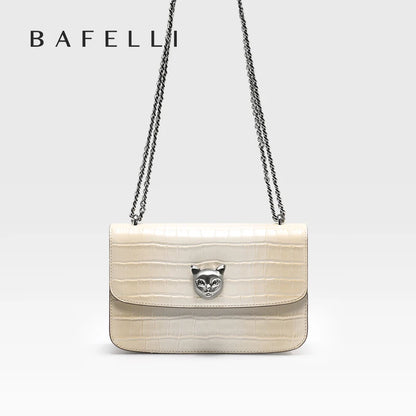 BAFELLI Premium Crocodile Grain Leather Square Bag Gradient Effect Cat Head Accent Chain Shoulder Strap Single Crossbody Use