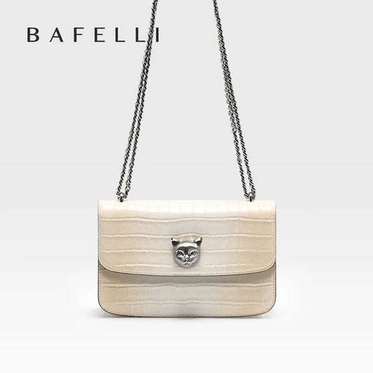 BAFELLI Premium Crocodile Grain Leather Square Bag Gradient Effect Cat Head Accent Chain Shoulder Strap Single Crossbody Use