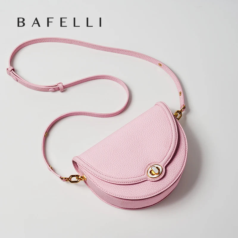 Designer Half-Moon Saddle Bag in Top Grain Leather with Mother-of-Pearl Clasp - Light Luxe All-Leather Crossbody for Work & Date